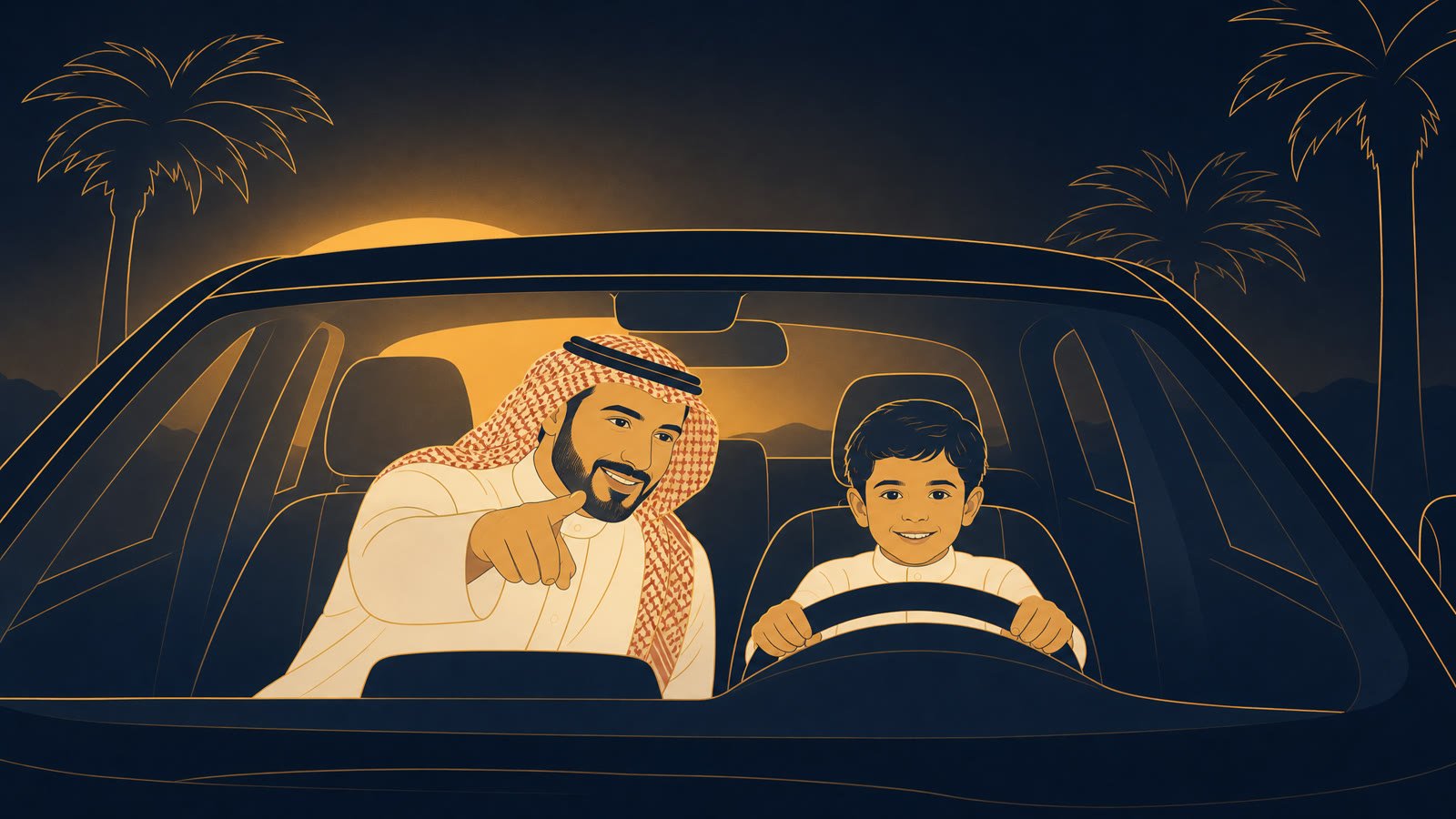 أب يعلّم ابنه في شارع فاضٍ وقت الغروب