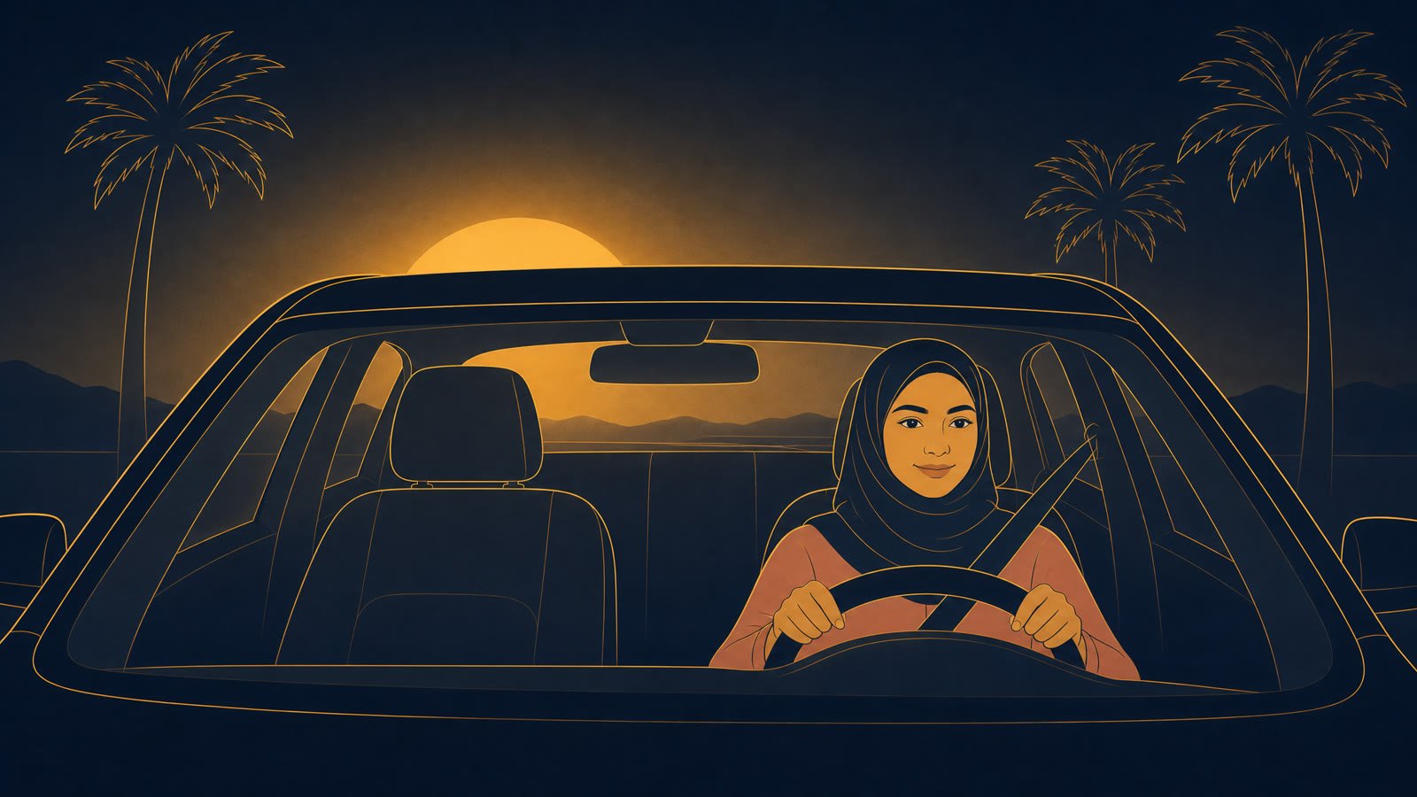 متدربة تجلس خلف المقود بثقة وقت الغروب